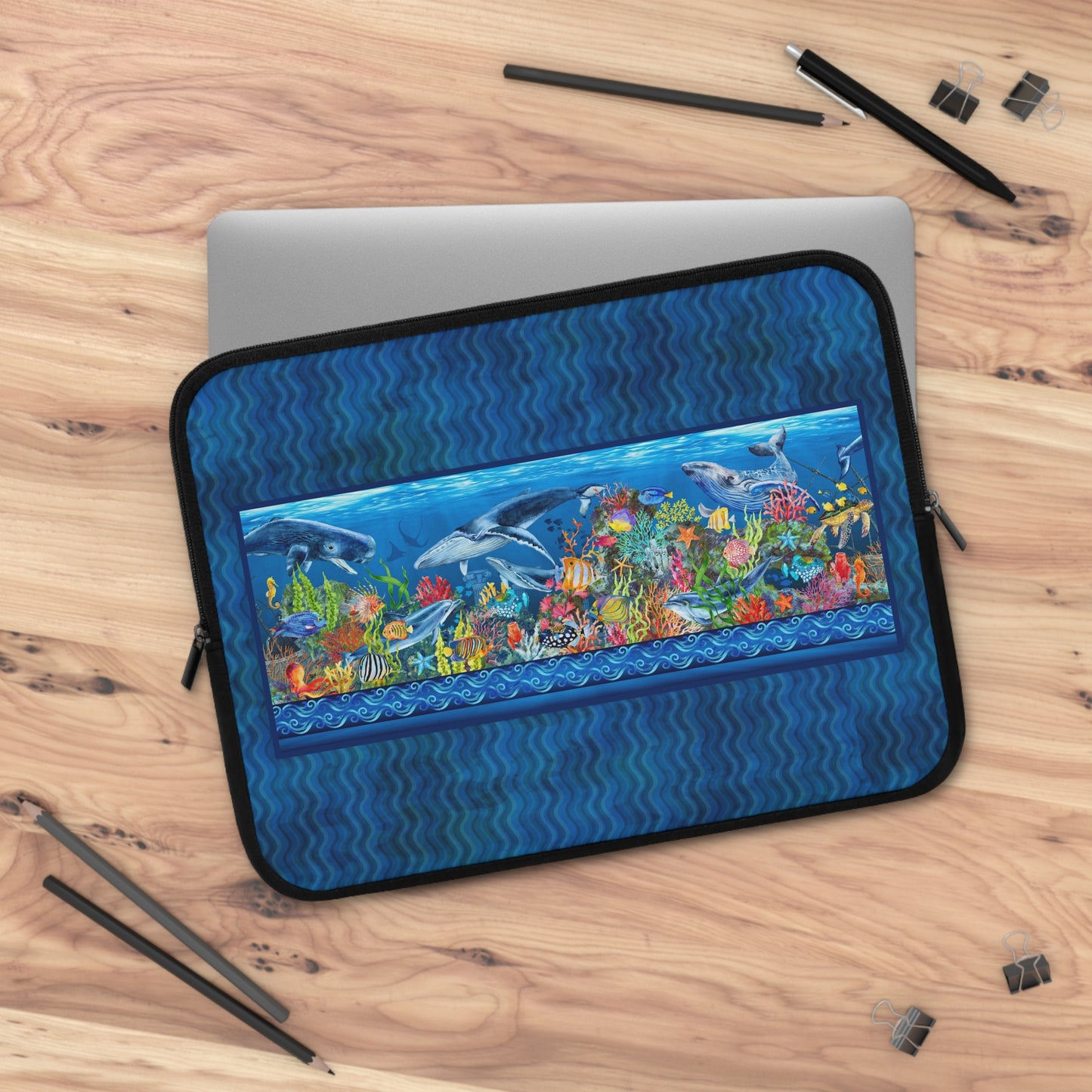 Laptop Sleeve: [CALYPSO]:  Sea Life Panel-Stripe Tonal