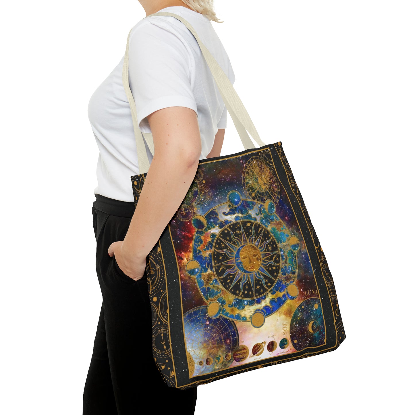 Tote Bag: large-18x18; "Cosmos":  Celestial Panel, Gold Background]