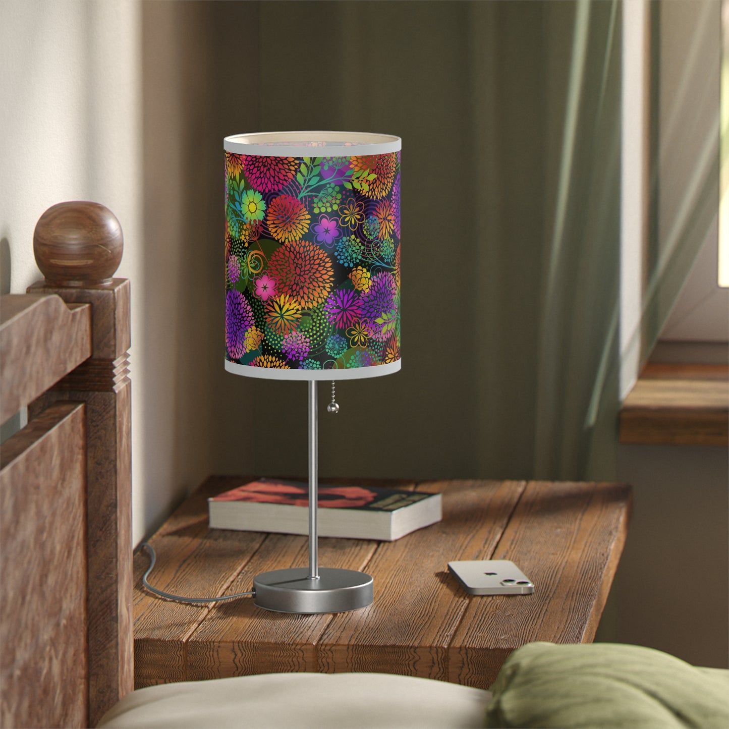 Table Lamp: Silver Base - Unusual Garden [Bright Flowers]