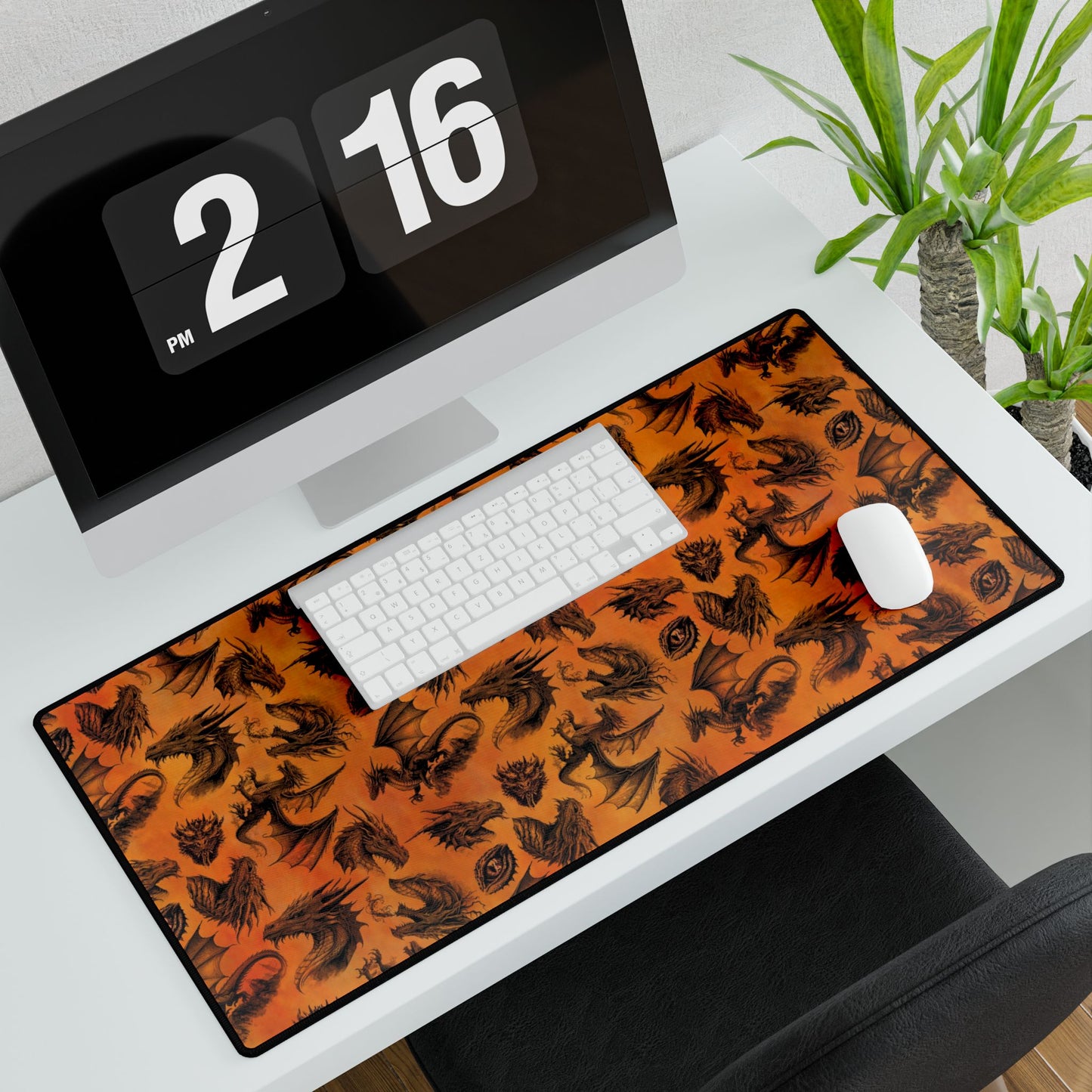 Desk Pad-Gaming;  15.5x31.5:  Emerald Dragons [Orange Dragons Silhouette]