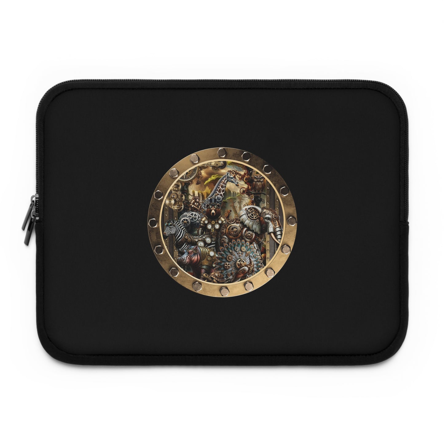 Steampunk Porthole Laptop Sleeve — Vintage Gear & Brass Robot Design