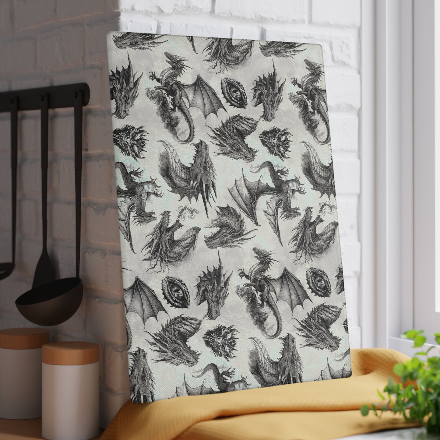 Glass Cutting Board (11"×15"): "Dragons" [Black/White Schetch]
