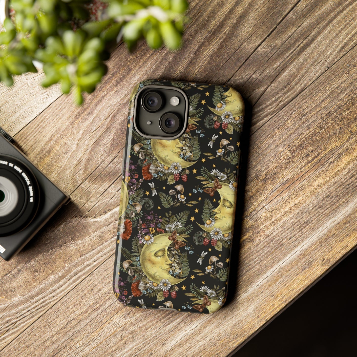 Apple I-Phone 15 Tough Case-Phone Case:  The Sun, The Moon, And The Stars [Moons With Flowers-2]
