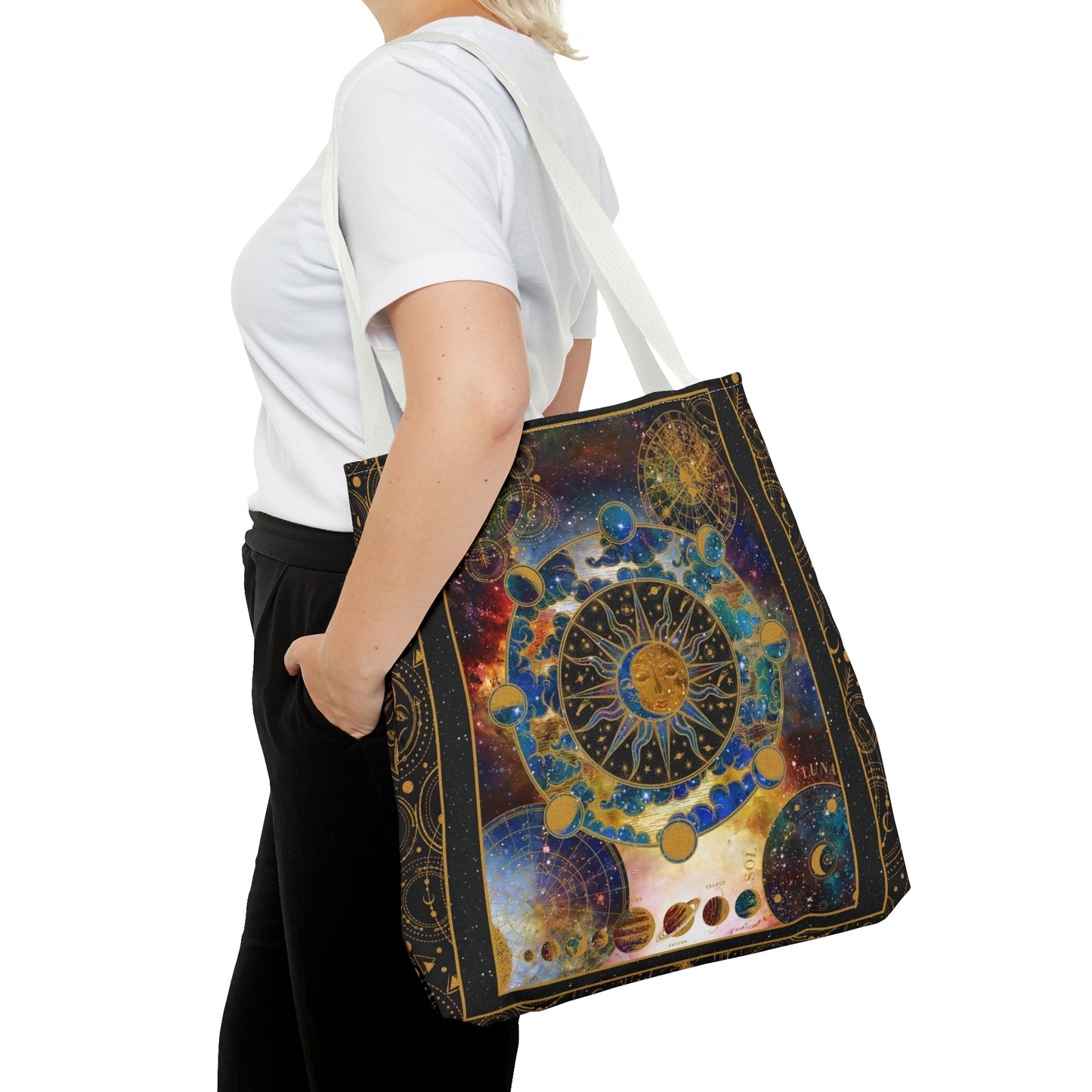 Tote Bag: large-18x18; "Cosmos":  Celestial Panel, Gold Background]