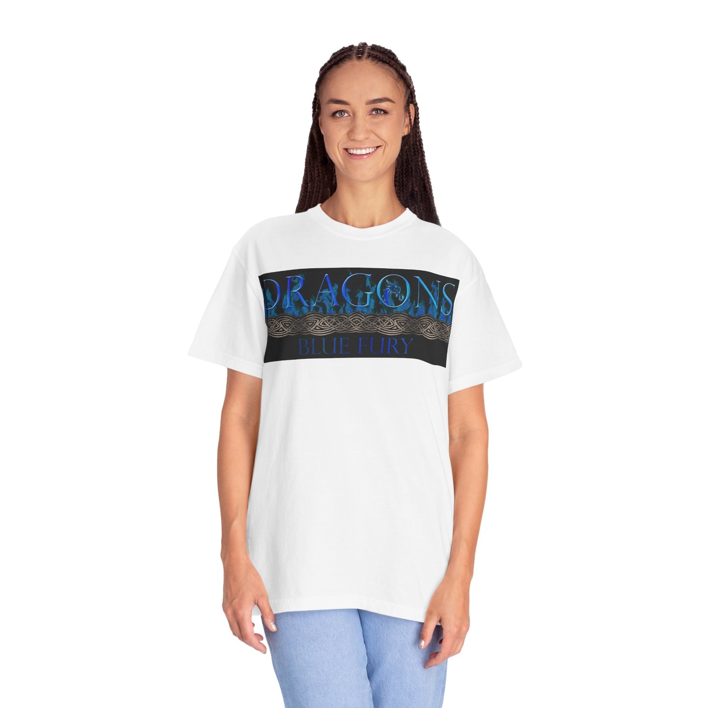 Garment Dyed Oversized T-Shirt (6-Sizes):  "Blue Dragons" [Border and Panel]
