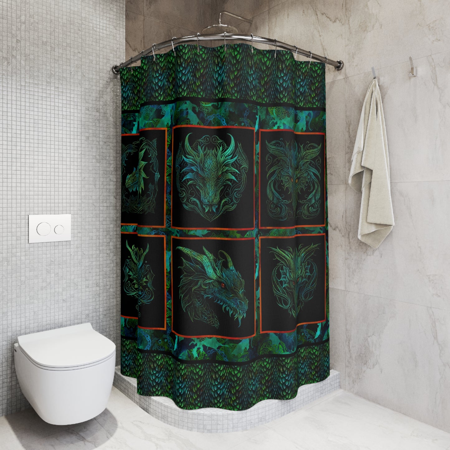 Mystic Green Dragon Shower Curtain — Celtic Fantasy Dragon Panel Bathroom Decor