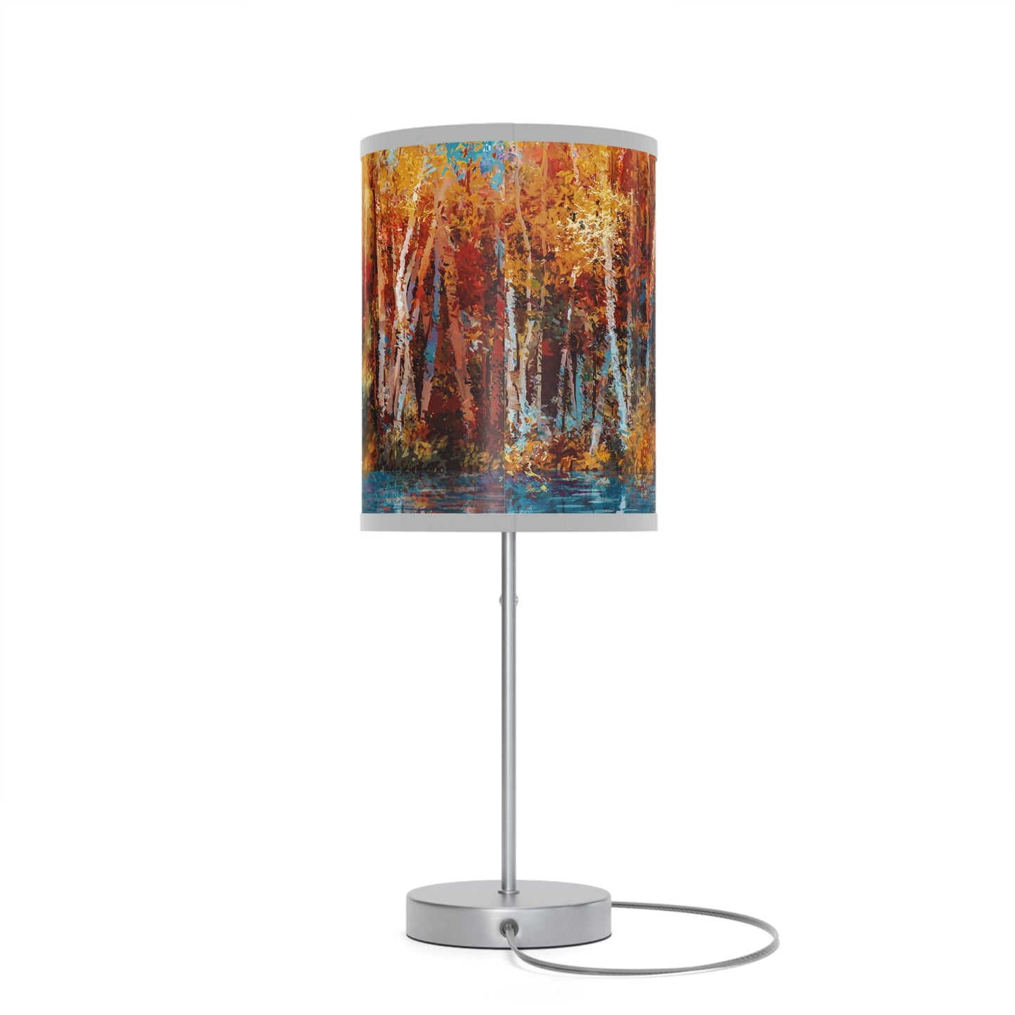 Table Lamp: Silver Base W/Black Trim; The Year of Art-Aspen Trees w/river