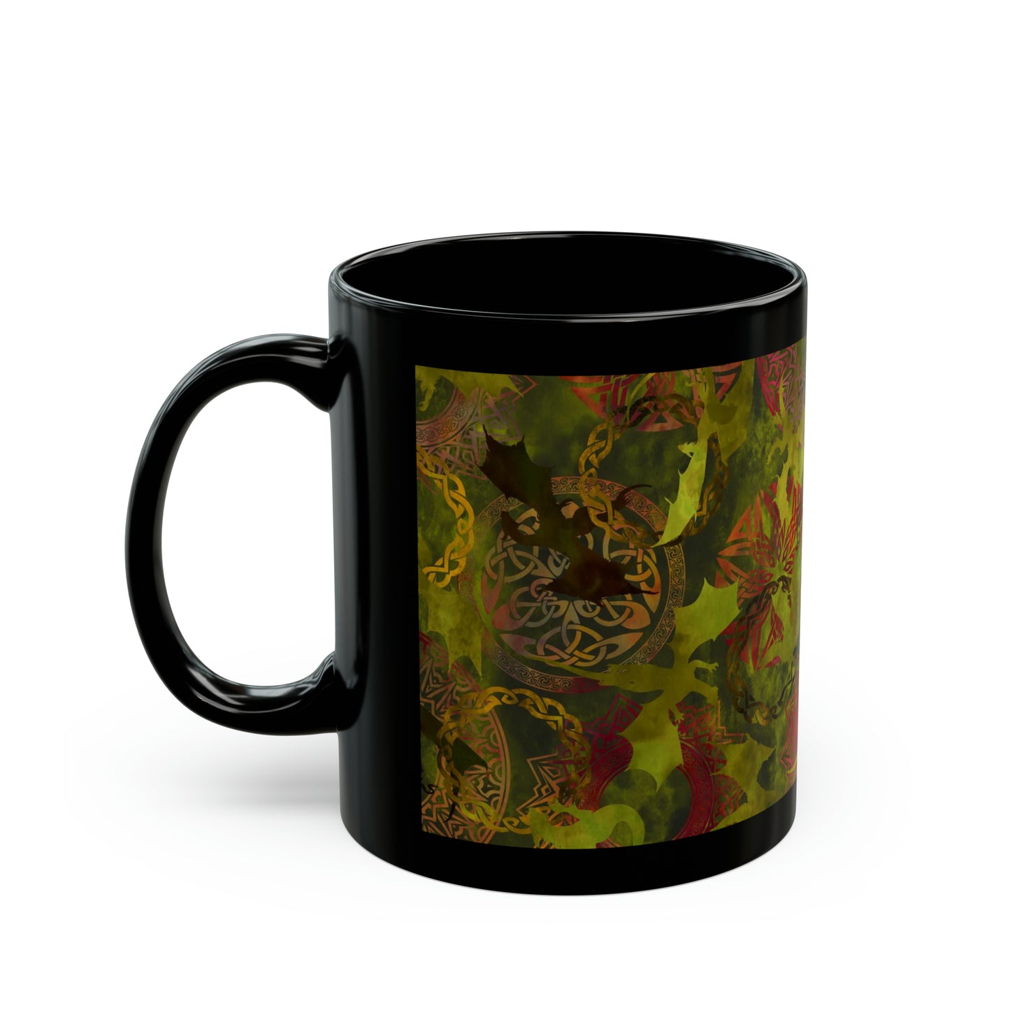 Ceramic Mug:  Black; Dragons [Green Panel]