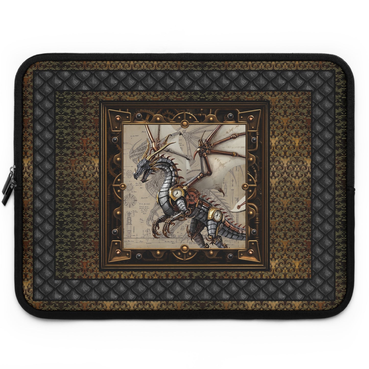 Laptop Sleeve (Sizes:  13", 15", 17"):  Steampunk Dragons [Dragon Clock Wings]