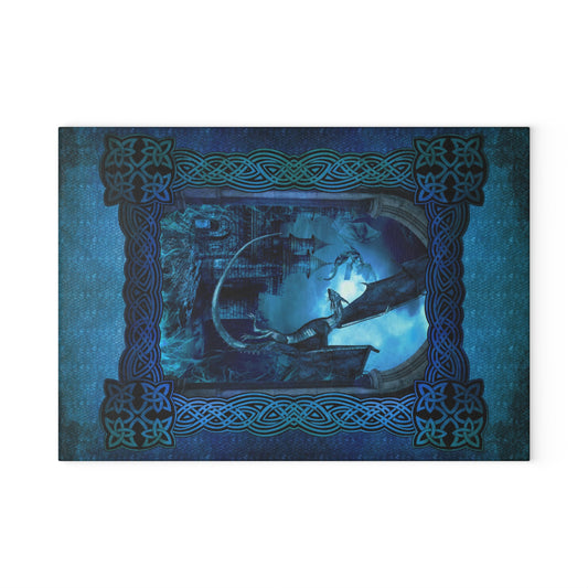Glass Cutting Board:  "Dragons" [Blue Panel]
