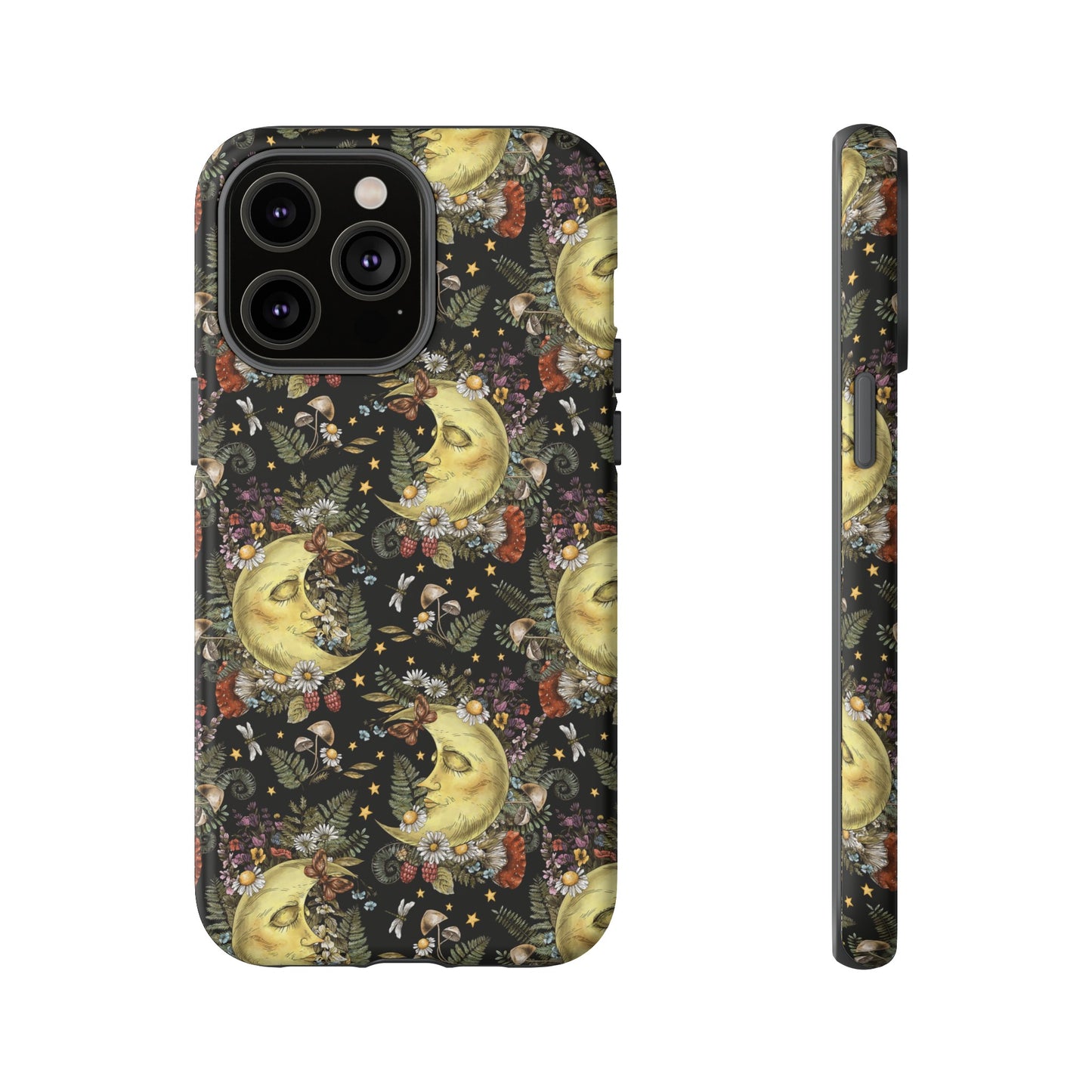 Apple I-Phone 14 Tough Case-Phone Case: The Sun, The Moon, And The Stars [Moon With Flowers]