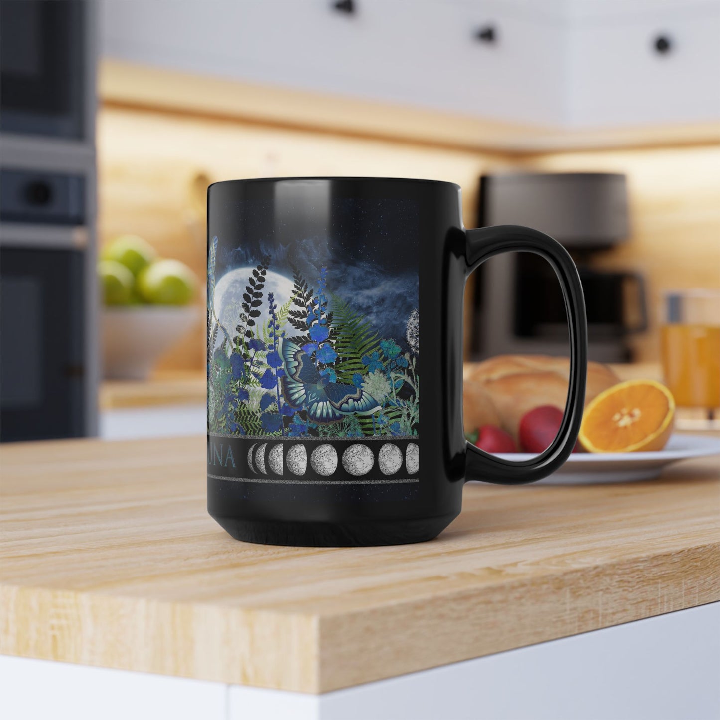 La Luna Moon Phase Floral Mug — Blue Botanical & Butterfly 11oz/15oz