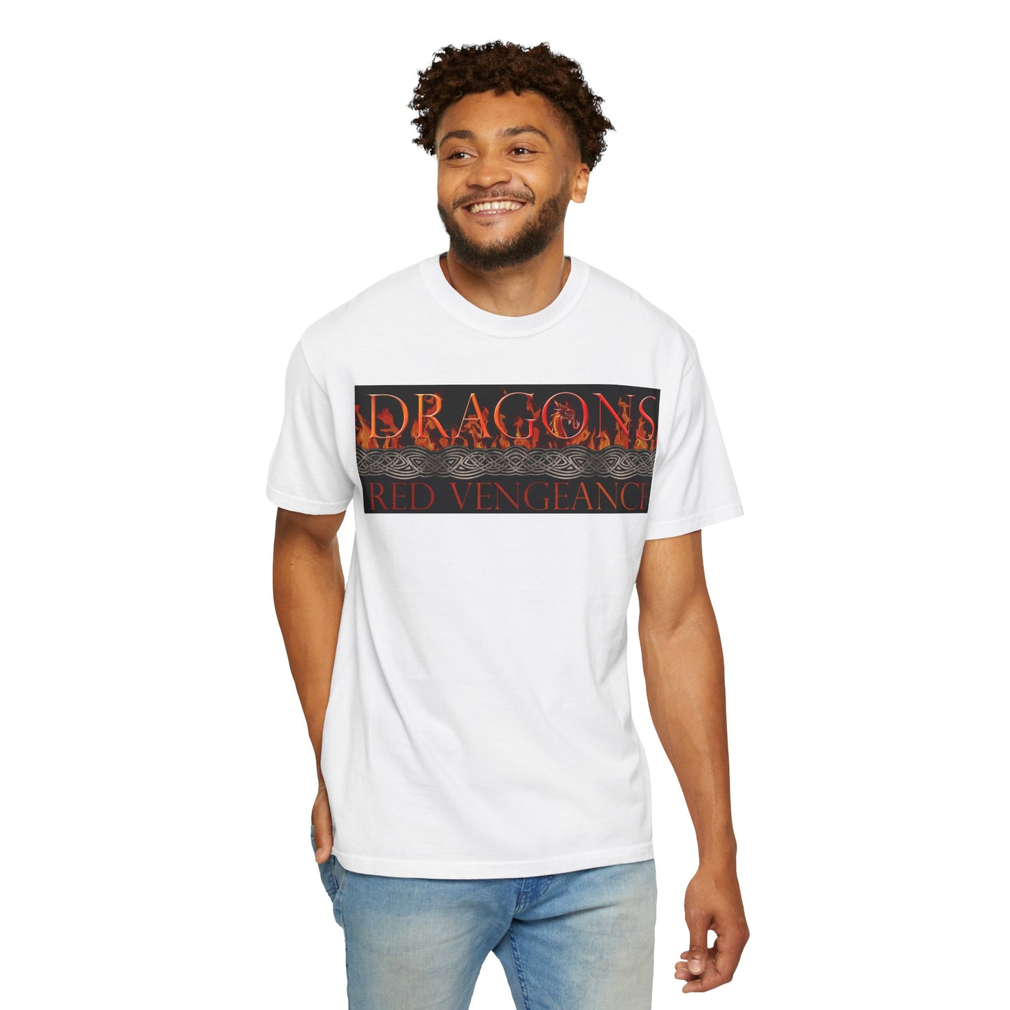 Unisex Heavy Cotton Tee:  "Dragons" [Blue Fury-Banner/Panel]