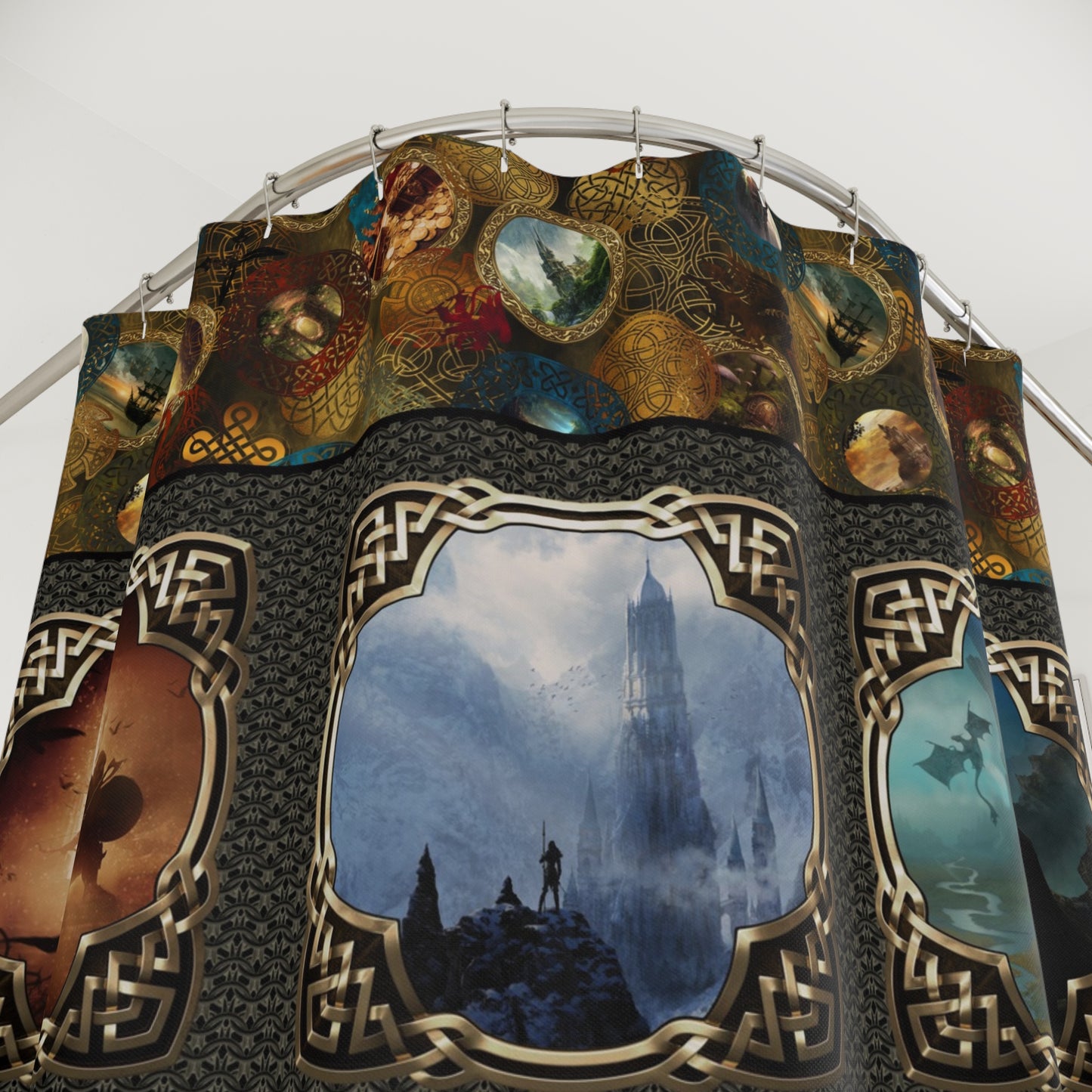 Fantasy Castle Grid Shower Curtain — Gothic Medieval Landscape Bath Decor