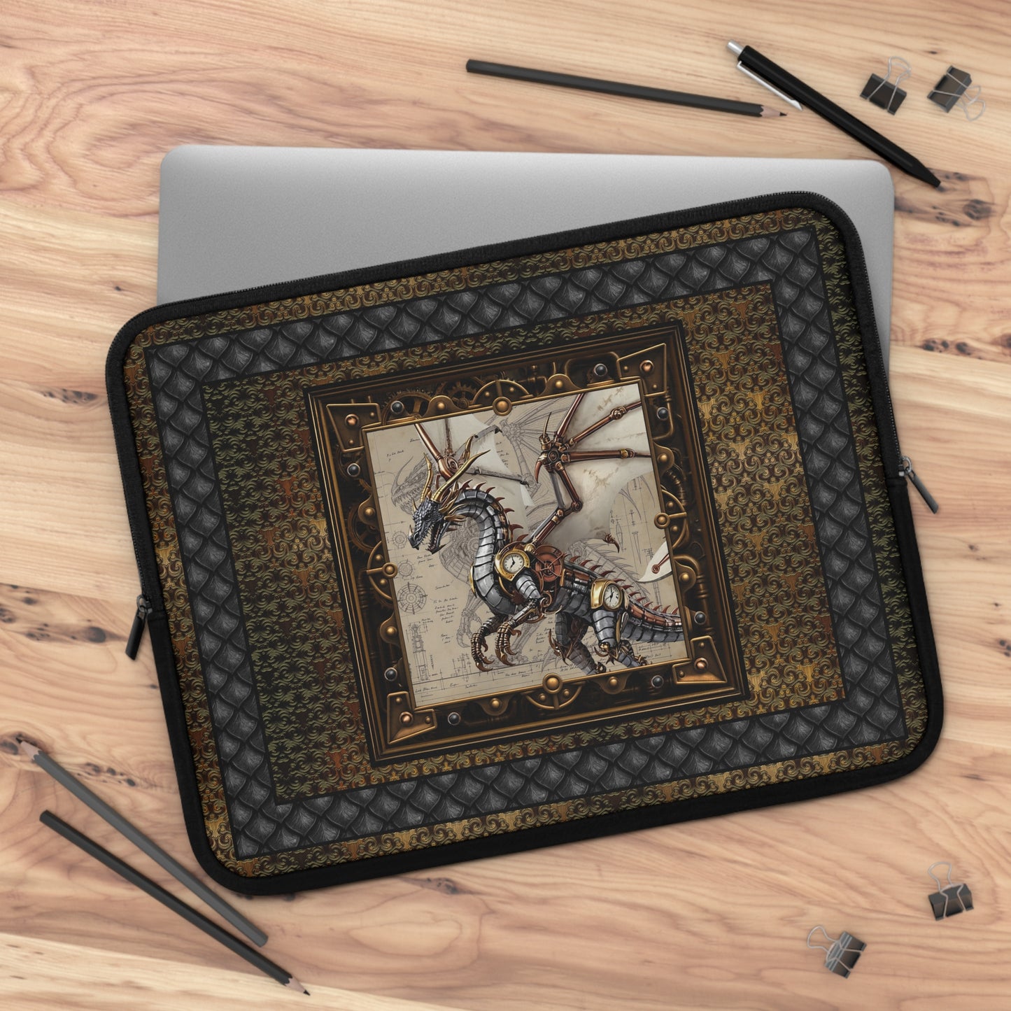 Laptop Sleeve (Sizes:  13", 15", 17"):  Steampunk Dragons [Dragon Clock Wings]