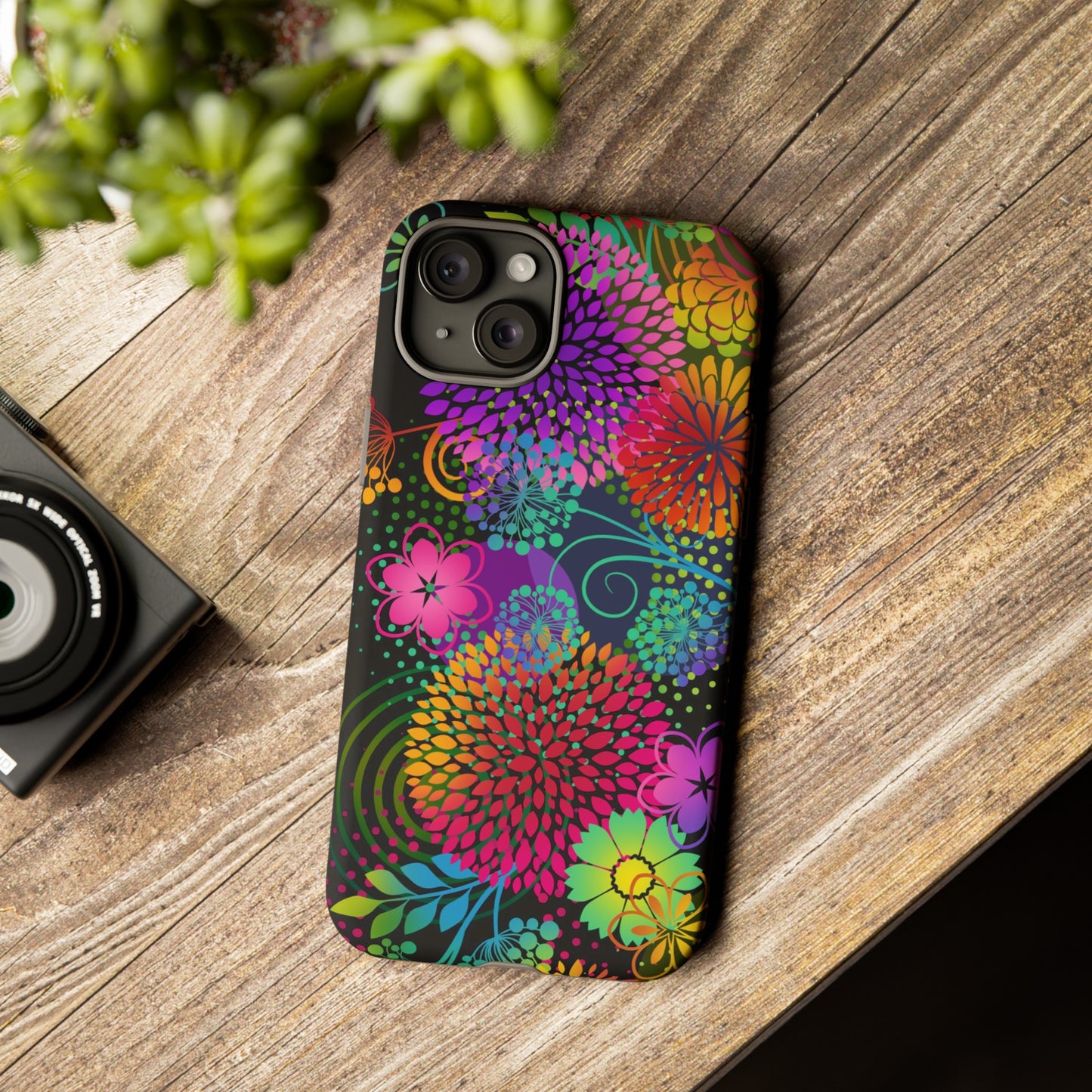 Apple I-Phone 15 Tough Case-Phone Case:  Unusual Garden [Bright Flowers Border]