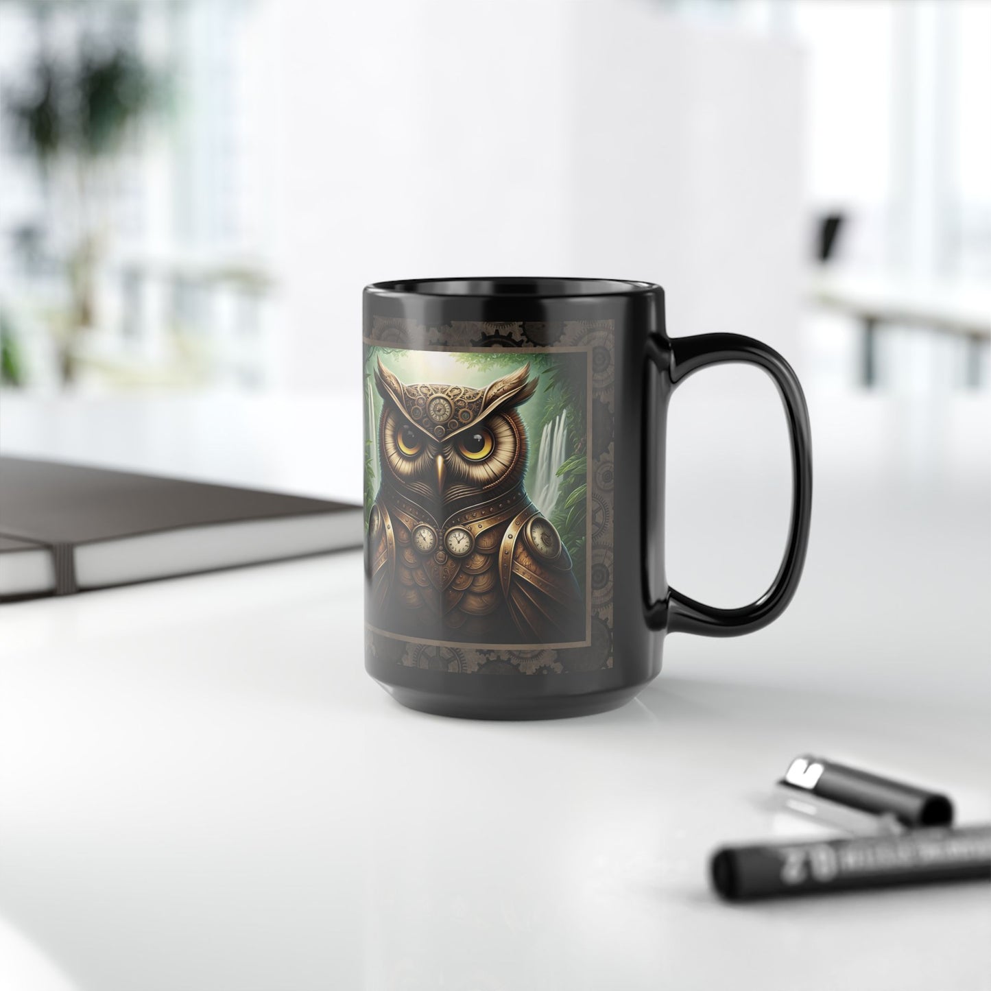 Black Mug-15oz:  "Steampunk Owl" Panel
