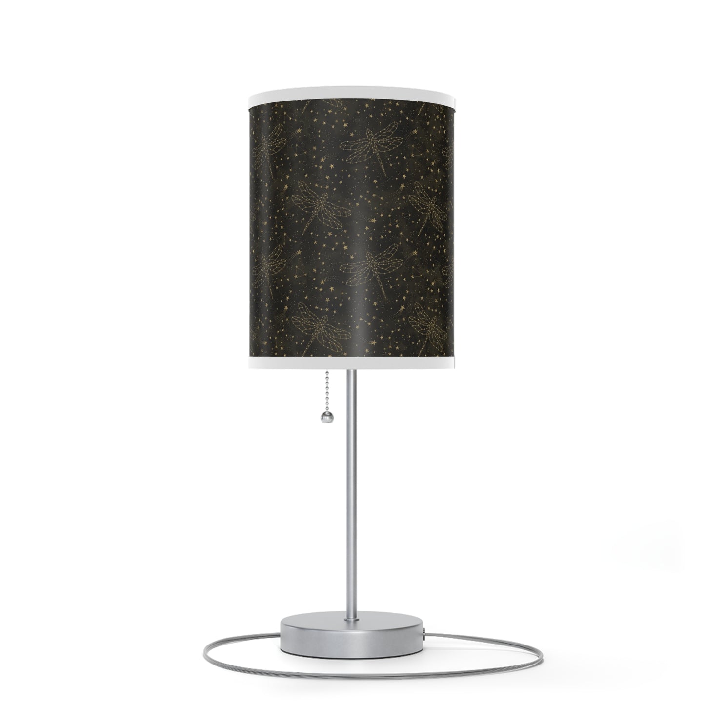 Table Lamp: Silver W/Black Trim; The Sun, The Moon, and The Stars [Gold Sparkle Dragonflies]