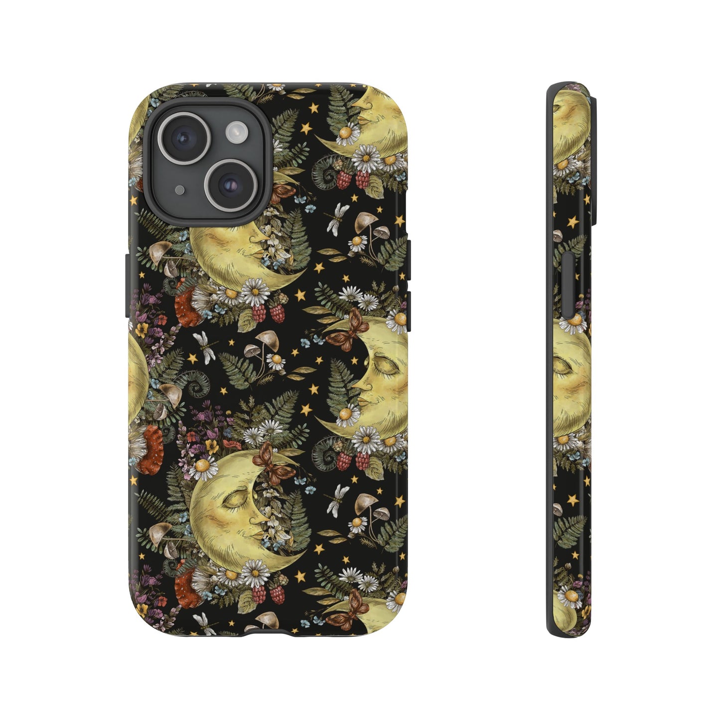 Apple I-Phone 15 Tough Case-Phone Case:  The Sun, The Moon, And The Stars [Moons With Flowers-2]