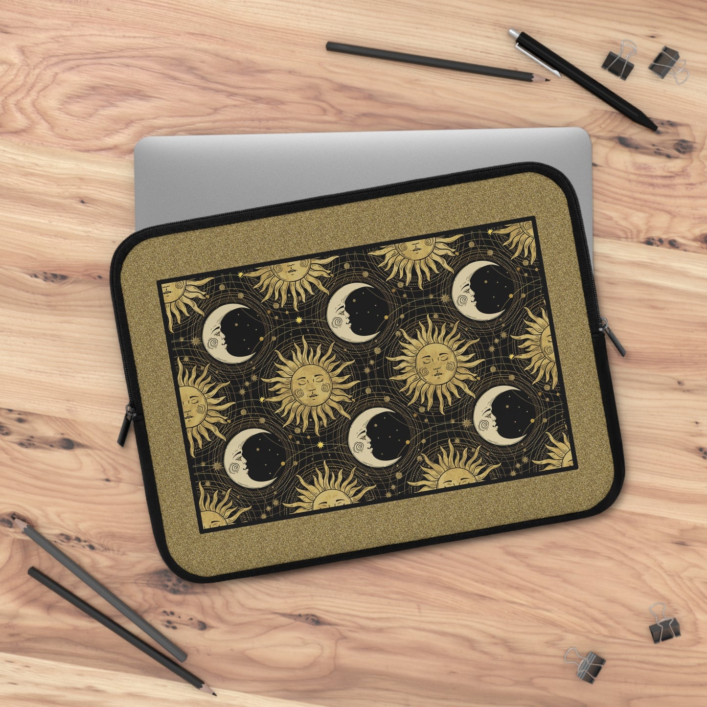 Laptop Sleeve  (Sizes:  13", 15", 17") [Sun, Moon, Stars]:  Gold Bkg, Black Sun and Moon.