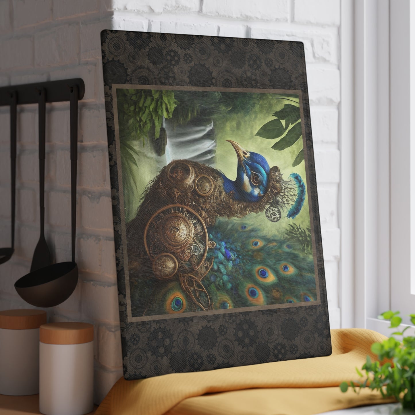 Glass Cutting Board (11"x15"):  Steampunk Animals [Peacock]