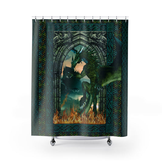 Dragon Portal Shower Curtain — Mystic Green Fantasy Bathroom Decor