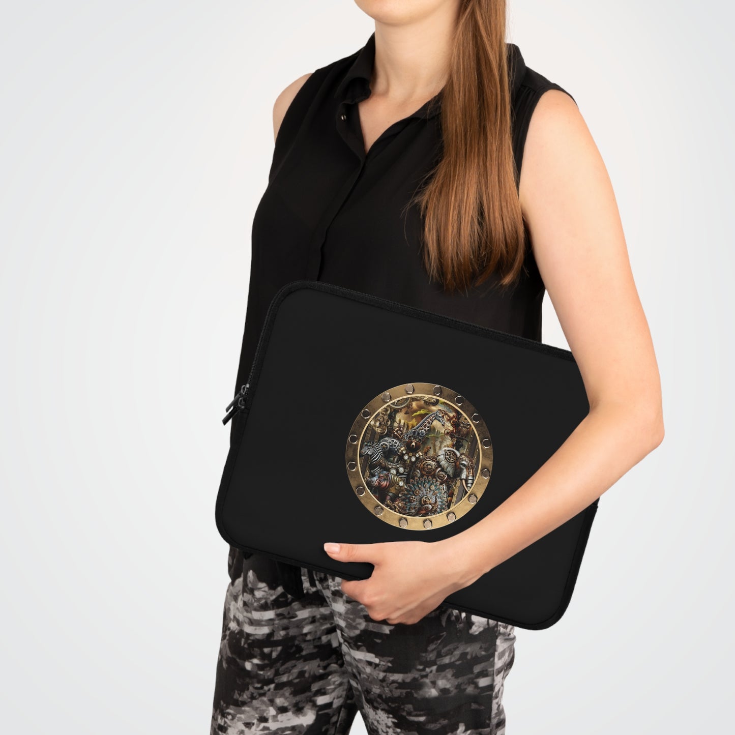 Steampunk Porthole Laptop Sleeve — Vintage Gear & Brass Robot Design