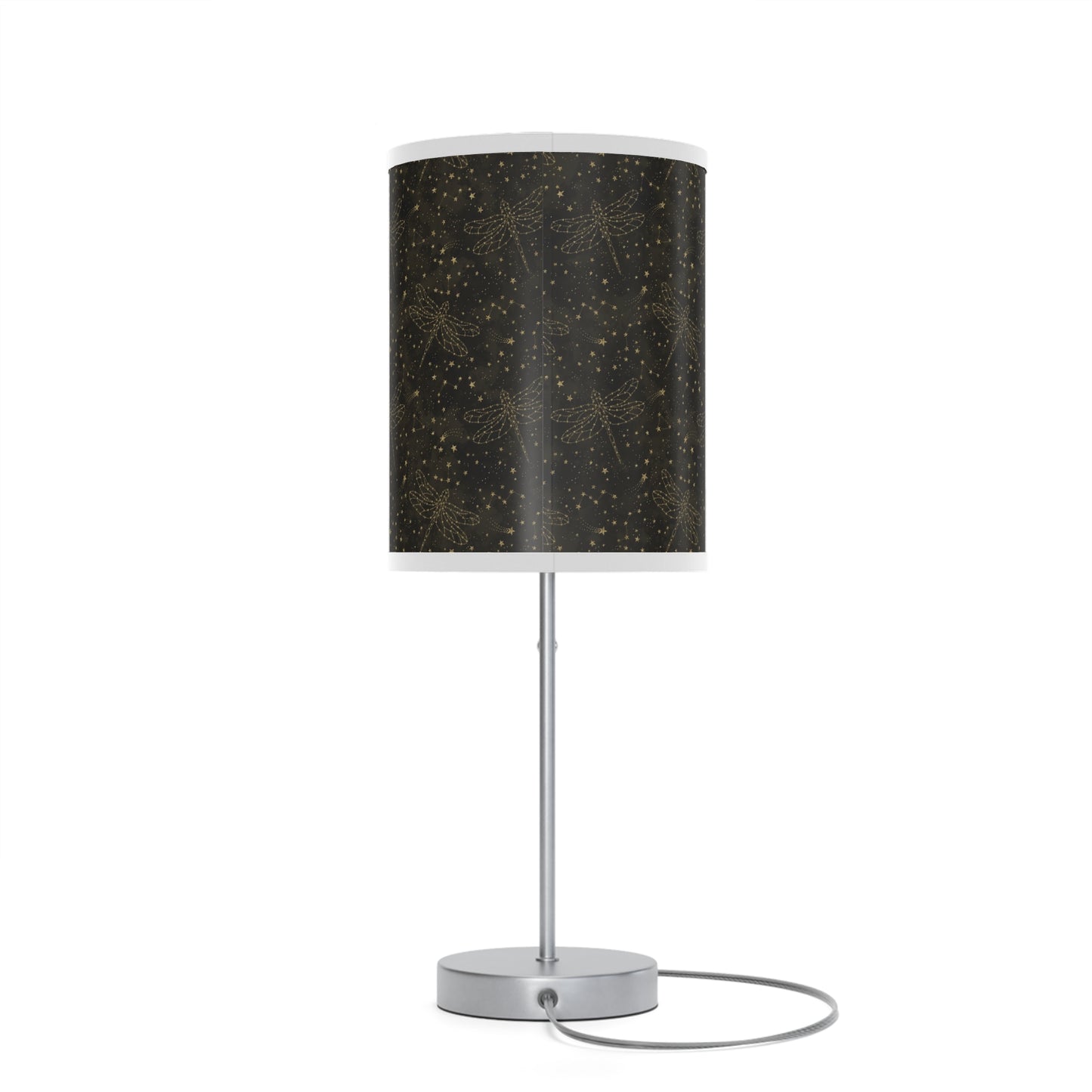 Table Lamp: Silver W/Black Trim; The Sun, The Moon, and The Stars [Gold Sparkle Dragonflies]