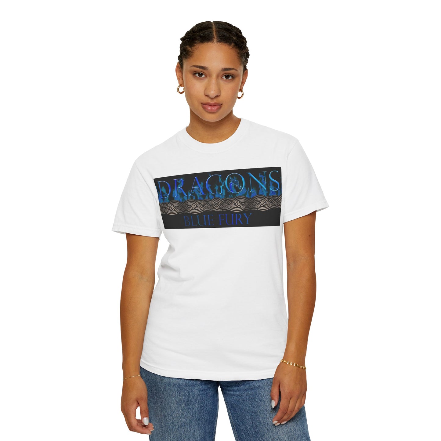 Unisex Heavy Cotton Tee:  "Dragons" [Blue Fury-Banner/Panel]
