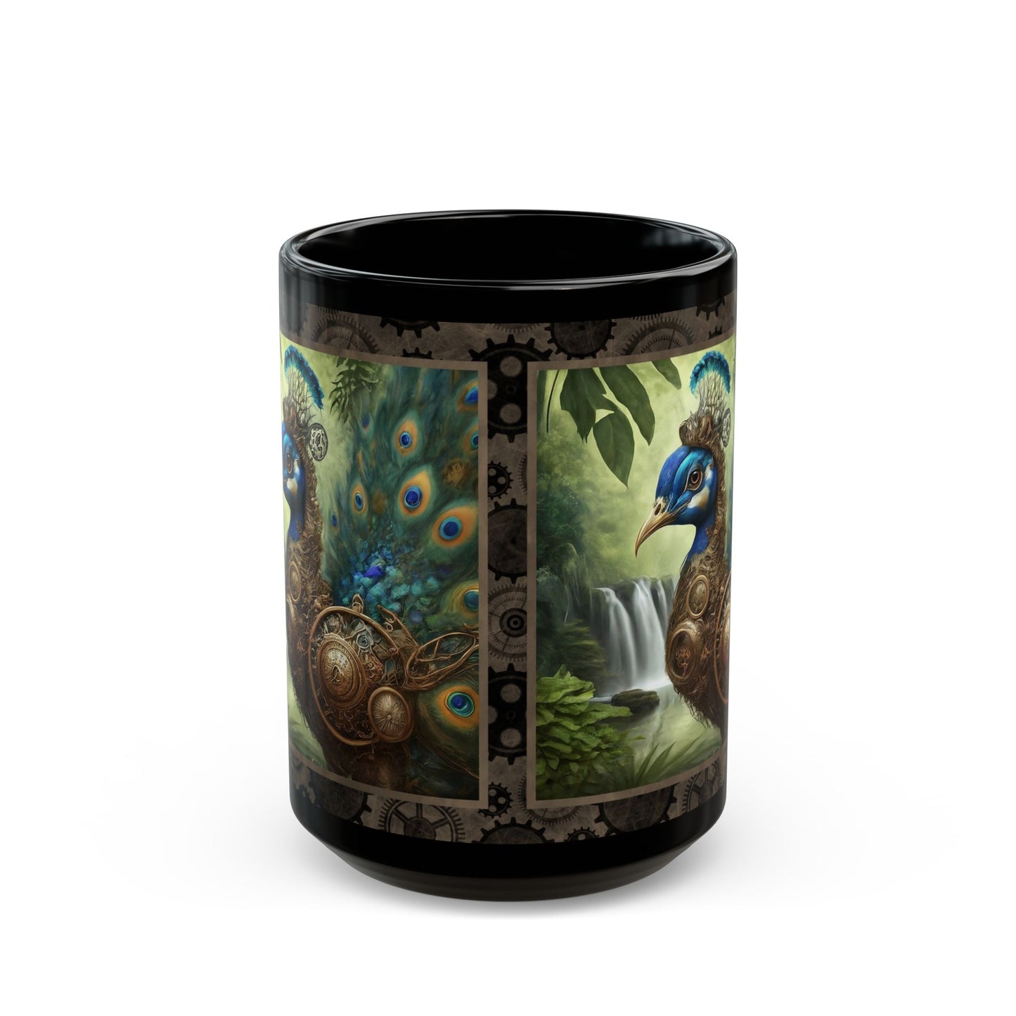 Black Mug-15oz:  "Steampunk Peacock " Panel