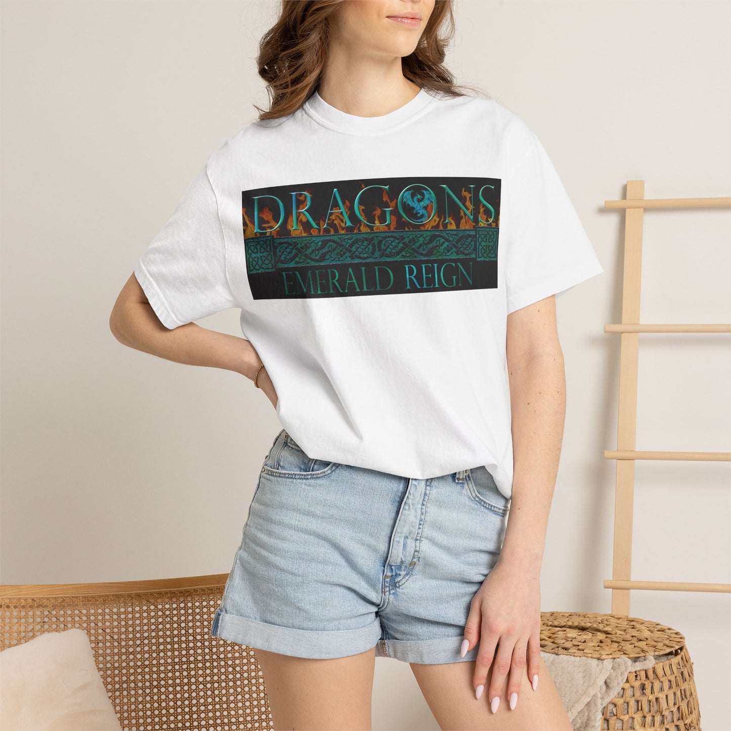 Unisex Heavy Cotton Tee:  "Emerald Dragons" [Banner/Panel]