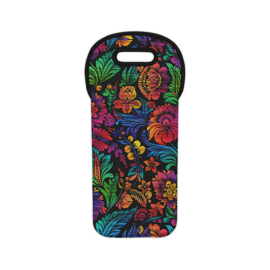 Neoprene Floral Wine Tote — Colorful Tropical Bouquet Bottle Carrier