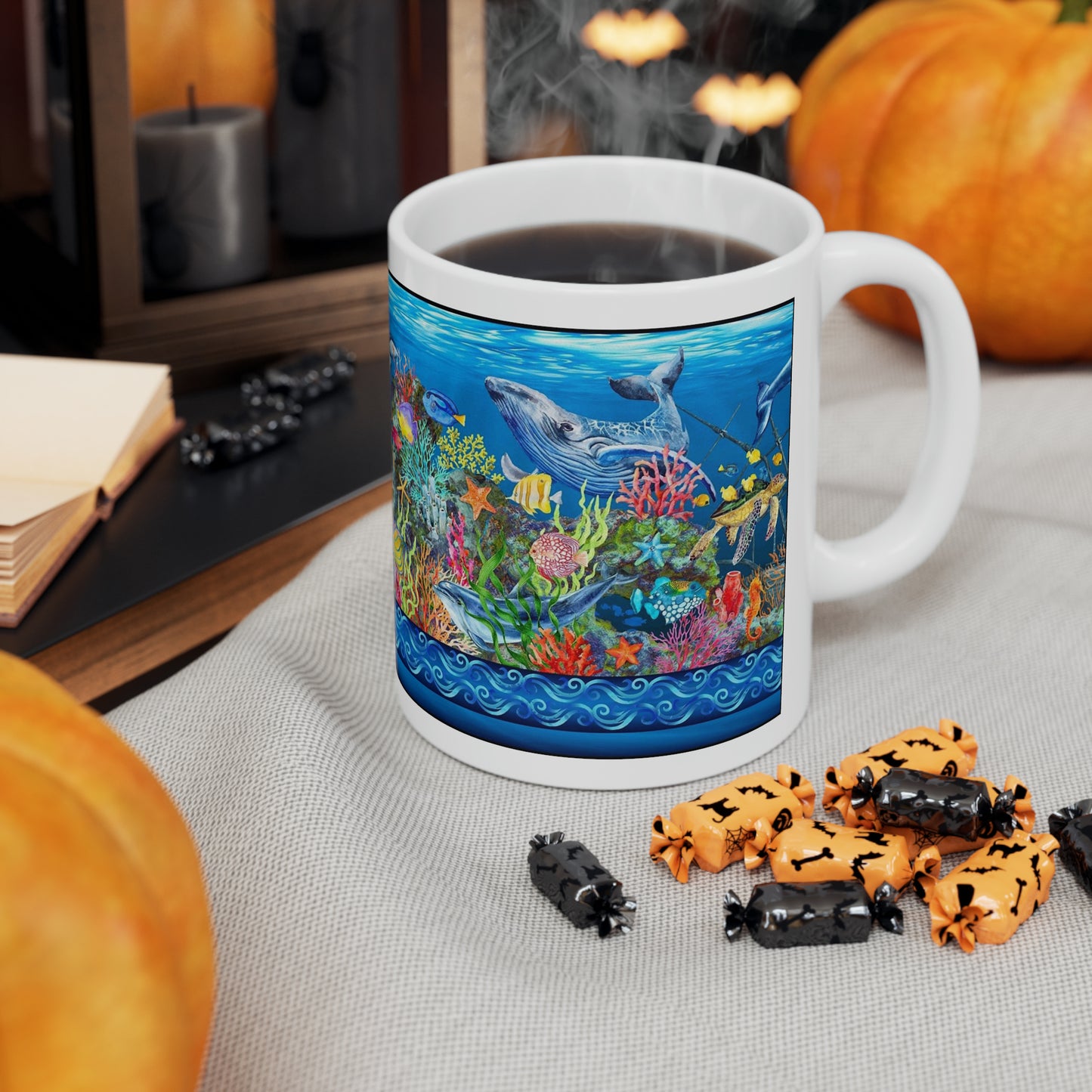 Ceramic Mug:  White; "Calypso" [Sea Life Panel]