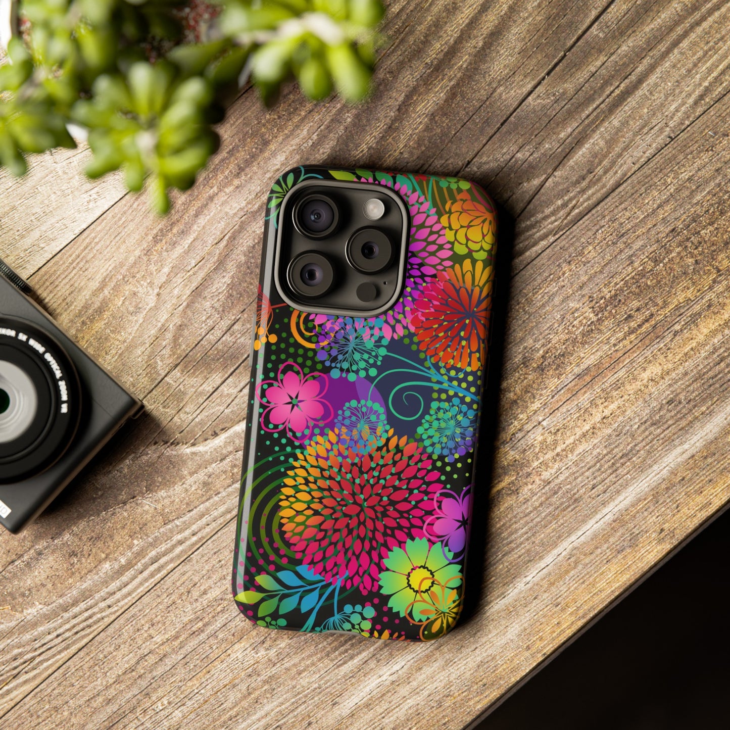 Apple I-Phone 15 Tough Case-Phone Case:  Unusual Garden [Bright Flowers Border]
