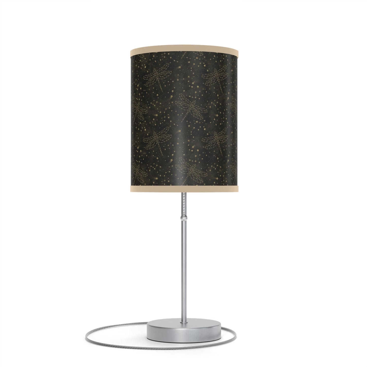 Table Lamp: Silver W/Black Trim; The Sun, The Moon, and The Stars [Gold Sparkle Dragonflies]
