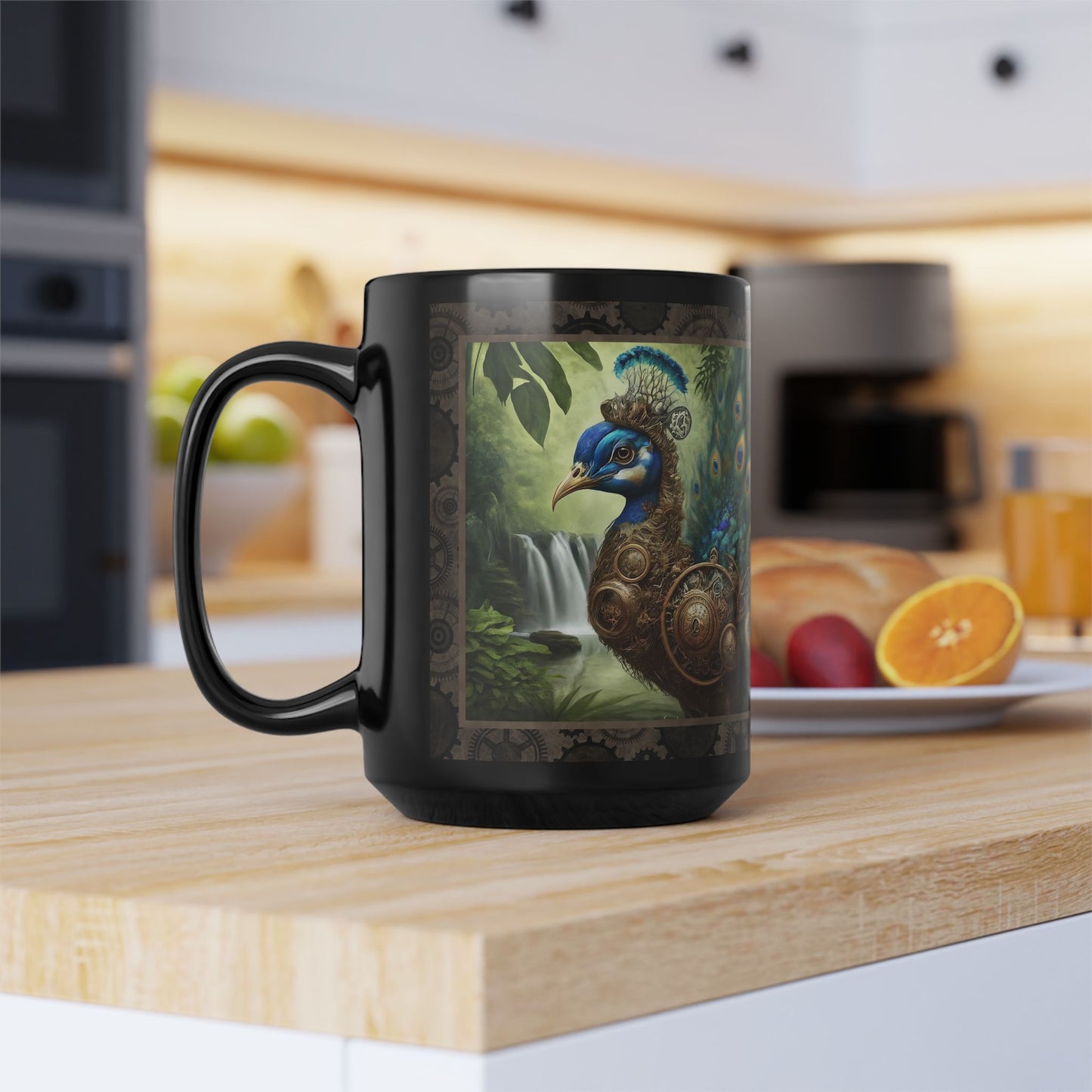 Black Mug-15oz:  "Steampunk Peacock " Panel