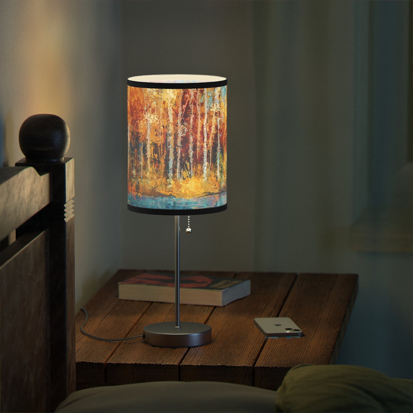 Table Lamp: Silver Base W/Black Trim; The Year of Art-Aspen Trees w/river