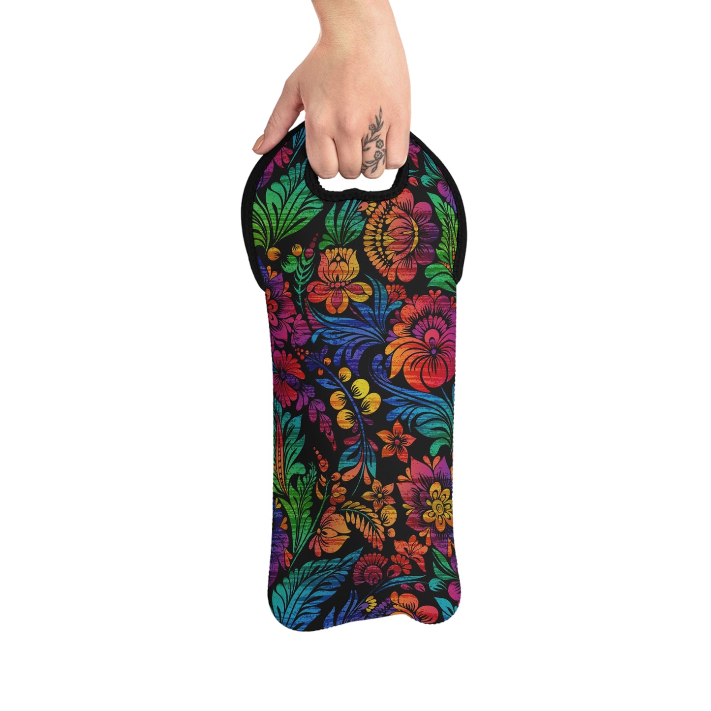 Neoprene Floral Wine Tote — Colorful Tropical Bouquet Bottle Carrier