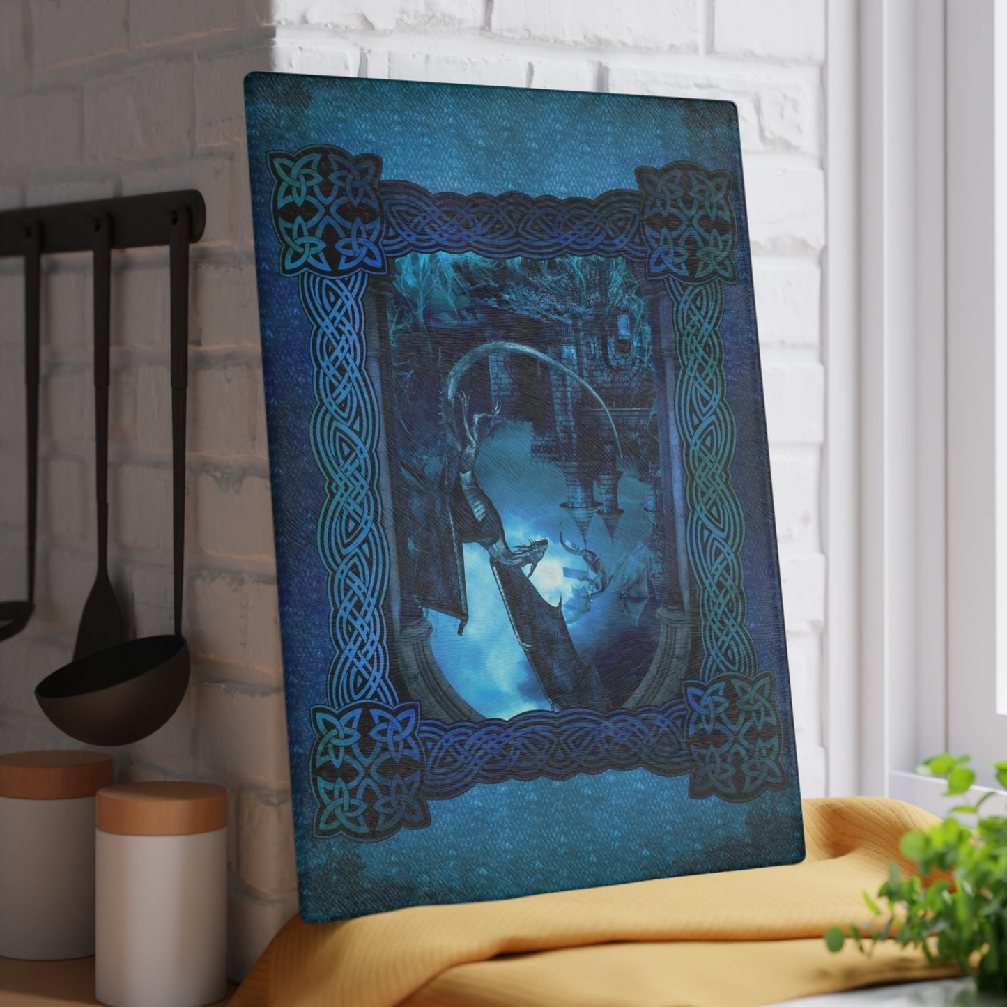 Glass Cutting Board (11"x15"): "Dragons" [Blue Panel]