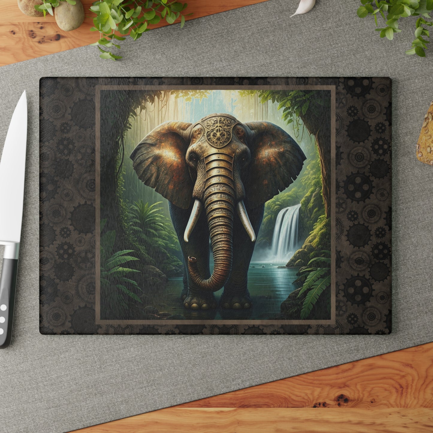 Elephant Jungle Glass Cutting Board – Decorative Wildlife Kitchen Board