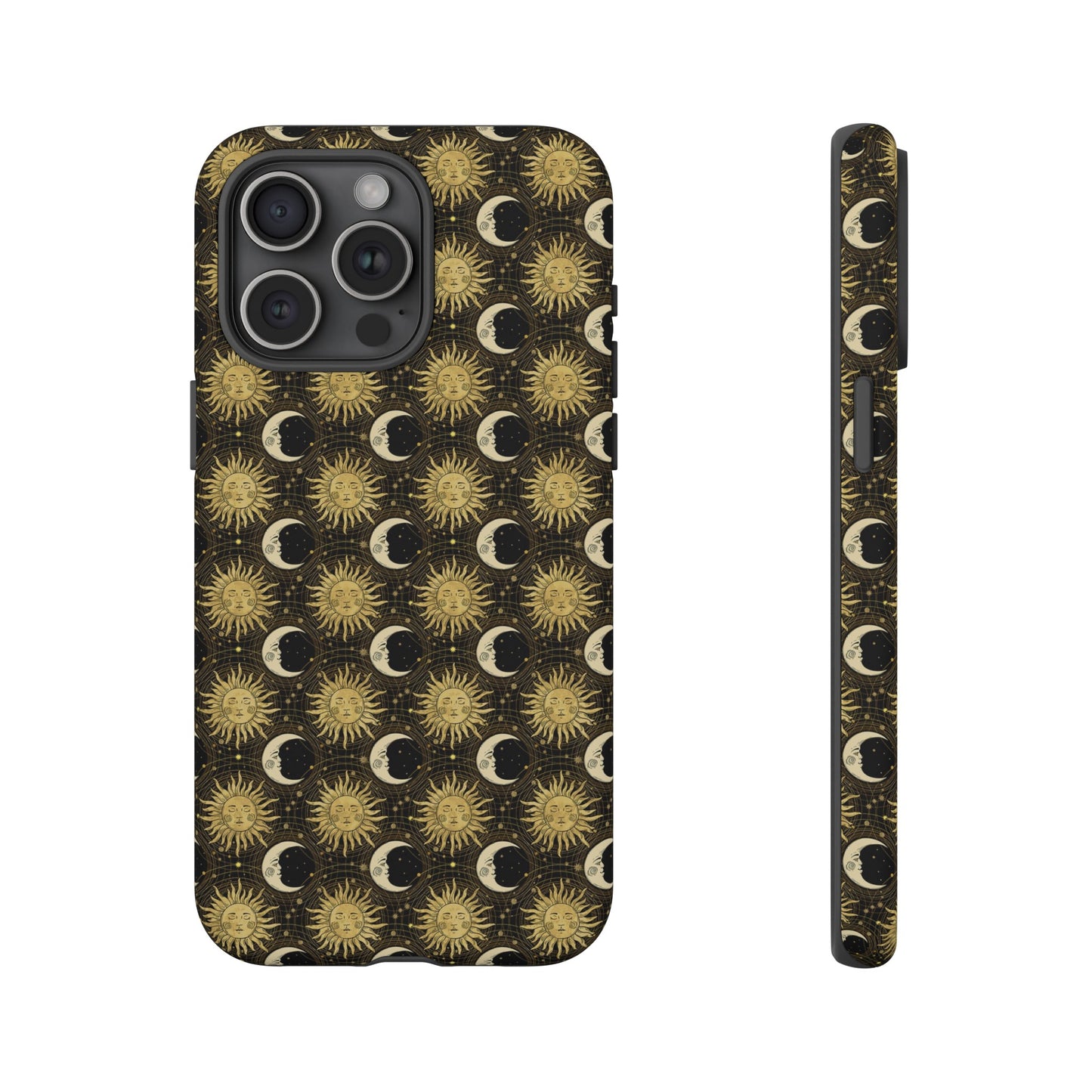 Apple I-Phone 15 (Series) Tough Case-Phone Case:  The Sun, The Moon, And The Stars [Gold Suns, Smiling Moons]