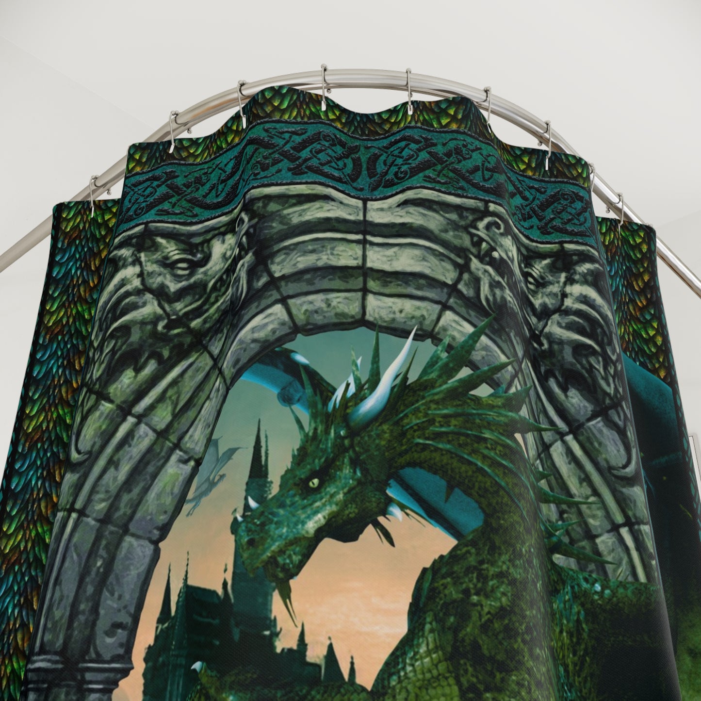 Dragon Portal Shower Curtain — Mystic Green Fantasy Bathroom Decor
