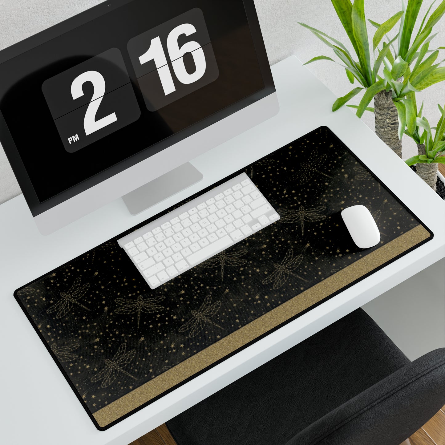 Desk MatsDesk Pad-Gaming:  The Sun, The Moon, And The Stars [Gold Border:  Dragonflies]
