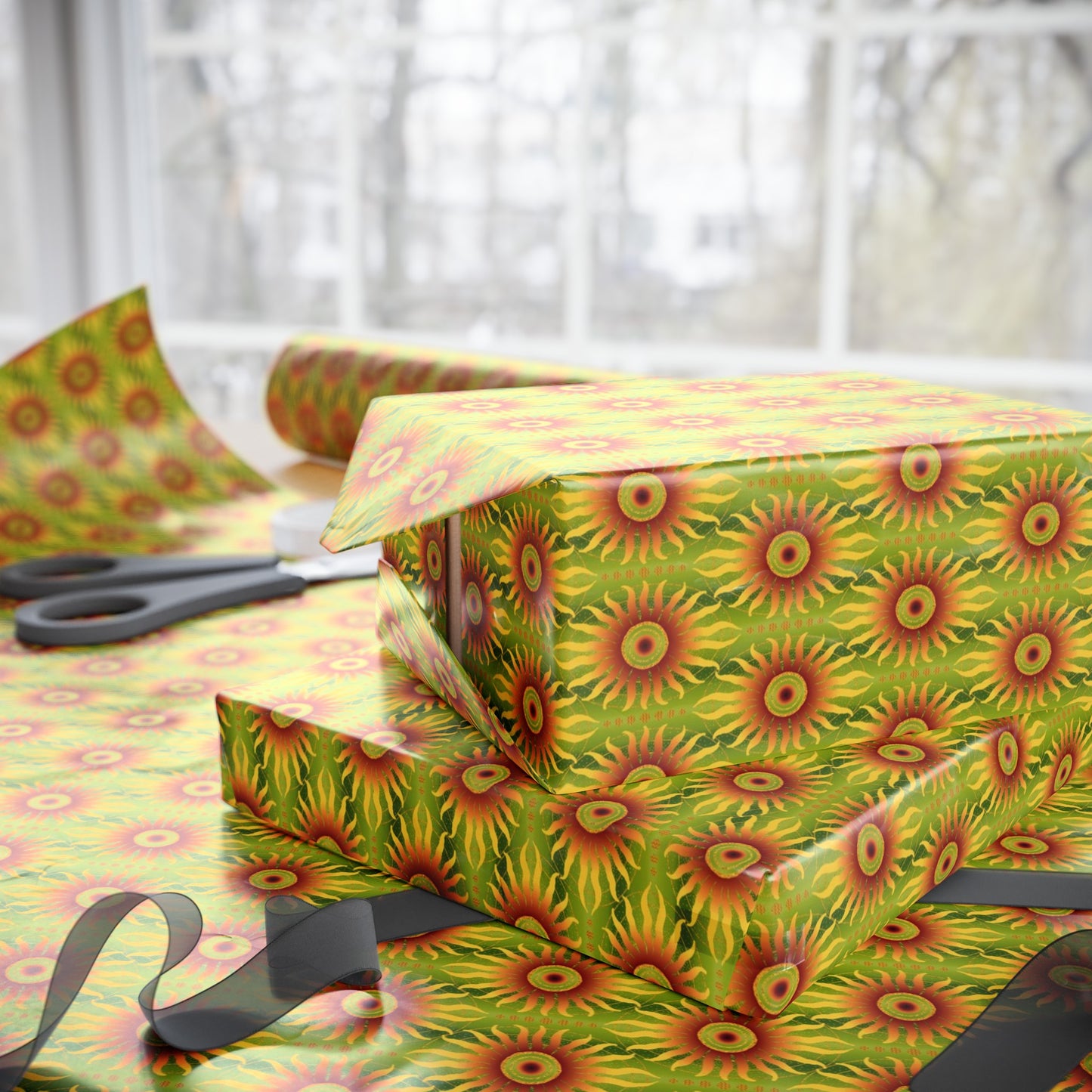 Wrapping Paper:  Celestial [Crimson/Lime Sunbursts]