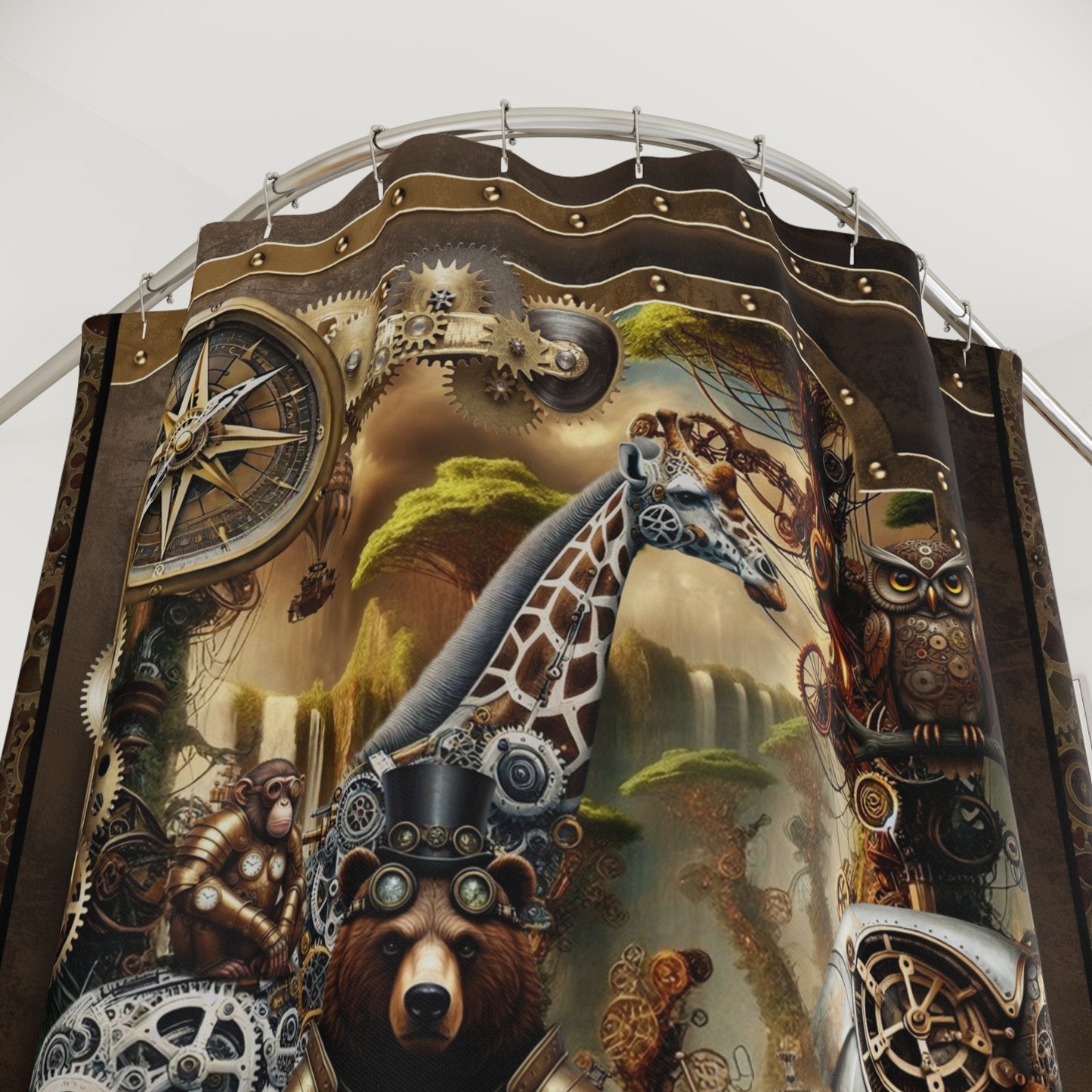 Steampunk Safari Shower Curtain — Giraffe, Bear & Owl Vintage Mechanical Design