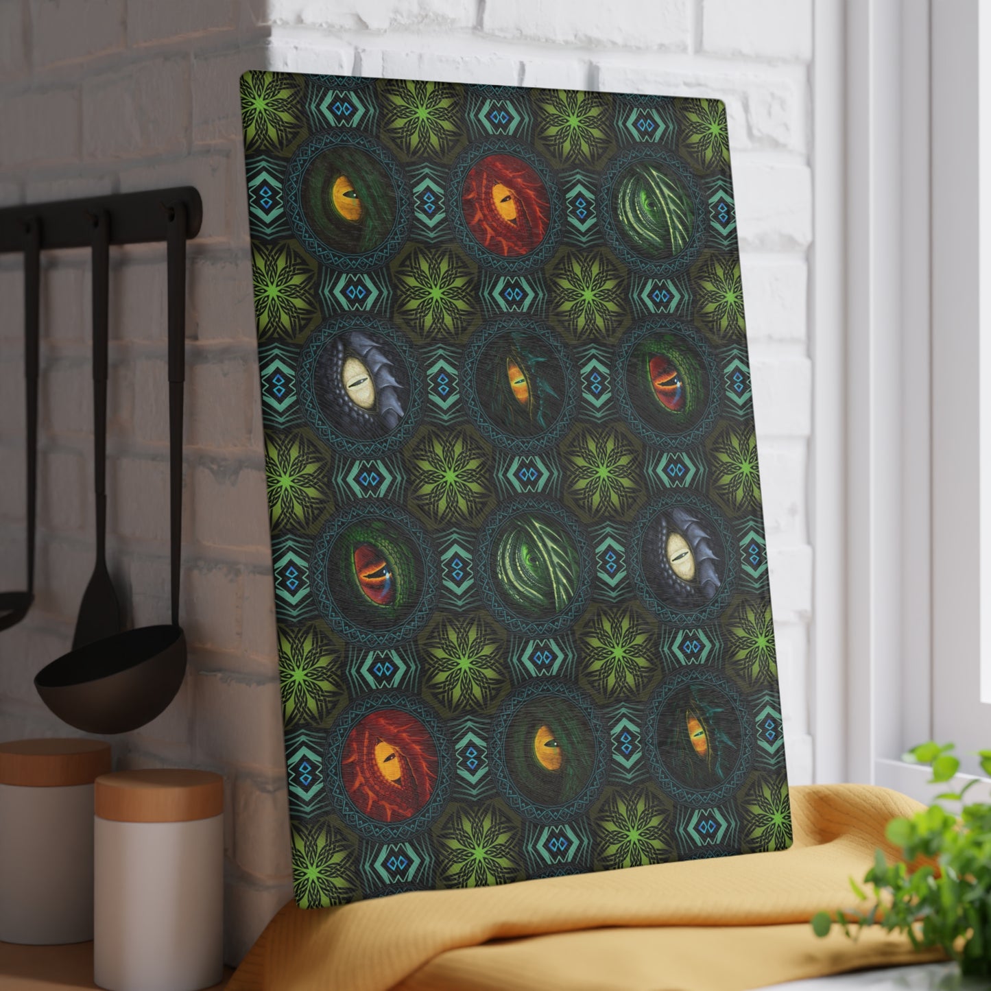 Glass Cutting Board (11"x15"):  Emerald Dragons [Eyes]