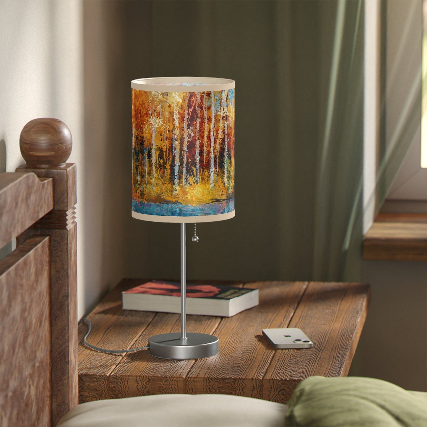 Table Lamp: Silver Base W/Black Trim; The Year of Art-Aspen Trees w/river