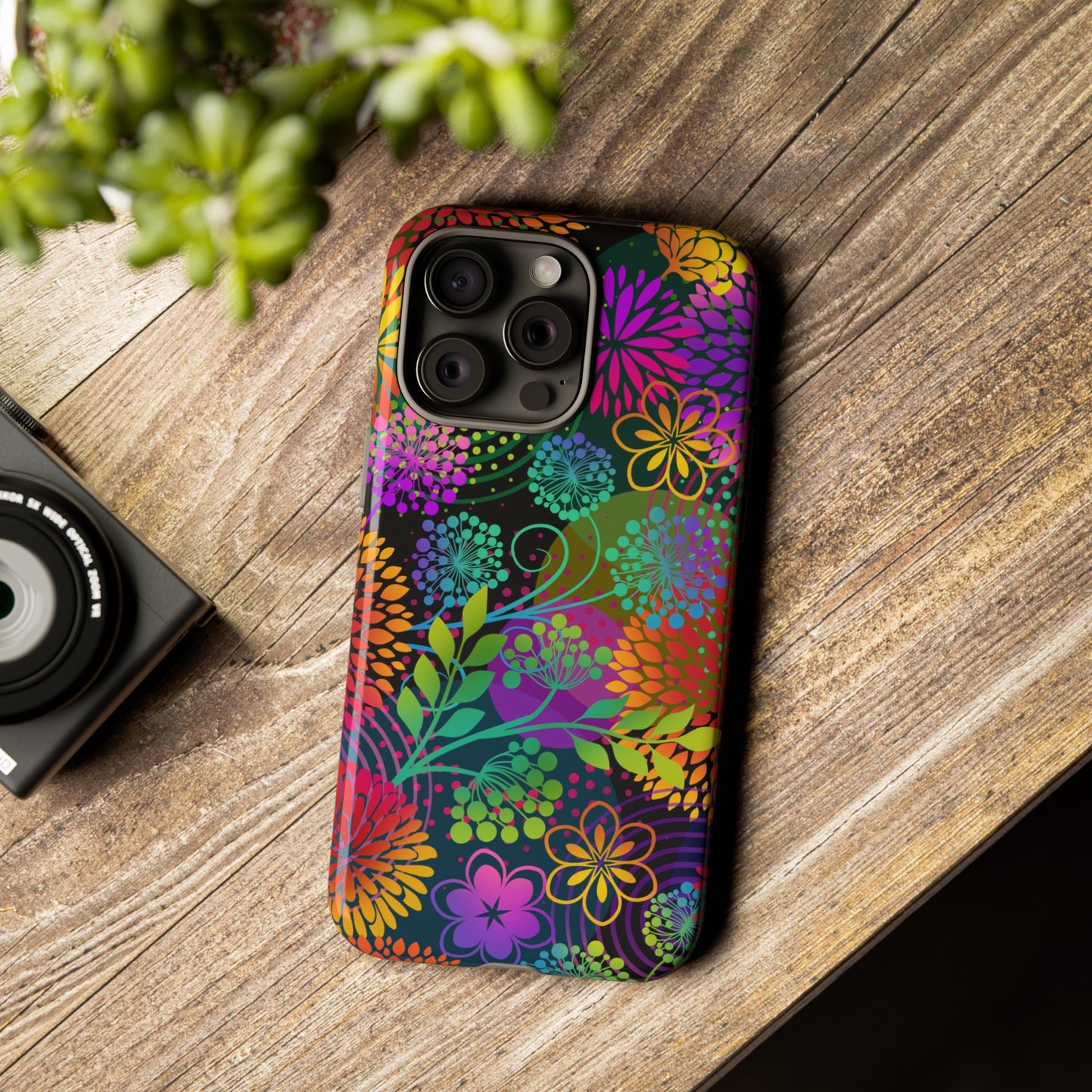 Apple I-Phone 15 Tough Case-Phone Case:  Unusual Garden  [Bright Flowers]
