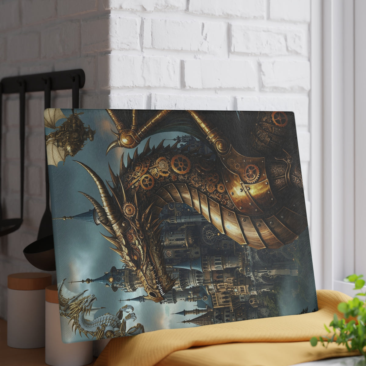 Glass Cutting Board (11"x15"):  Steampunk Dragons [Dragon Head Panel]