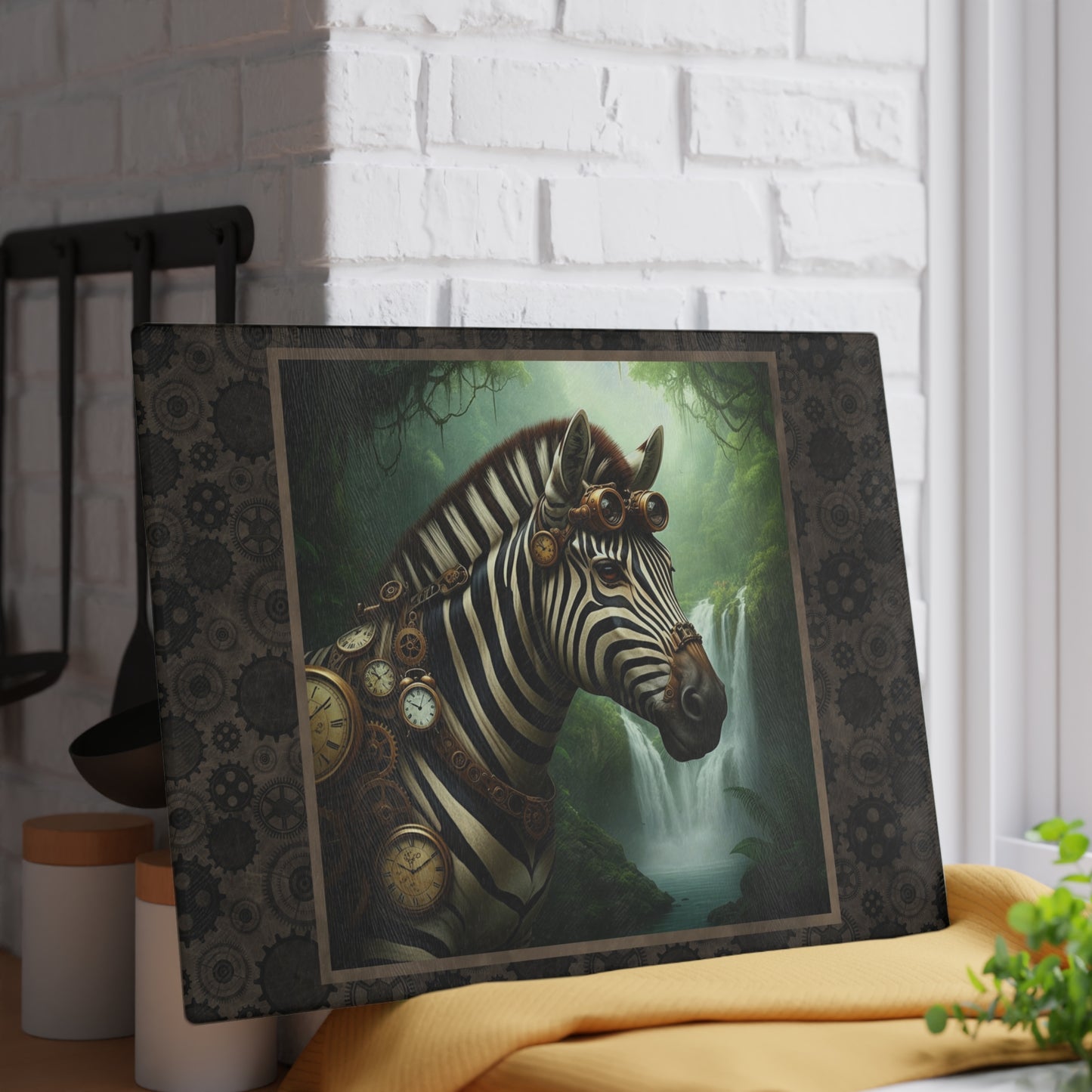 Glass Cutting Board (11"x15"):  Steampunk Animals [Zebra}